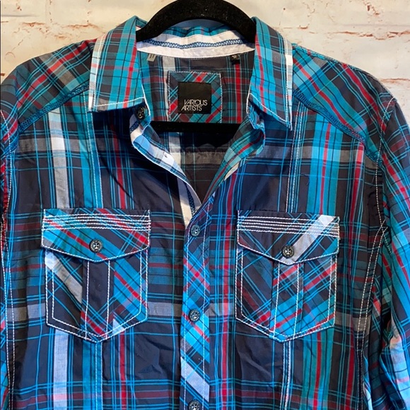 Various Artists button down shirt plaid blue - Picture 2 of 8